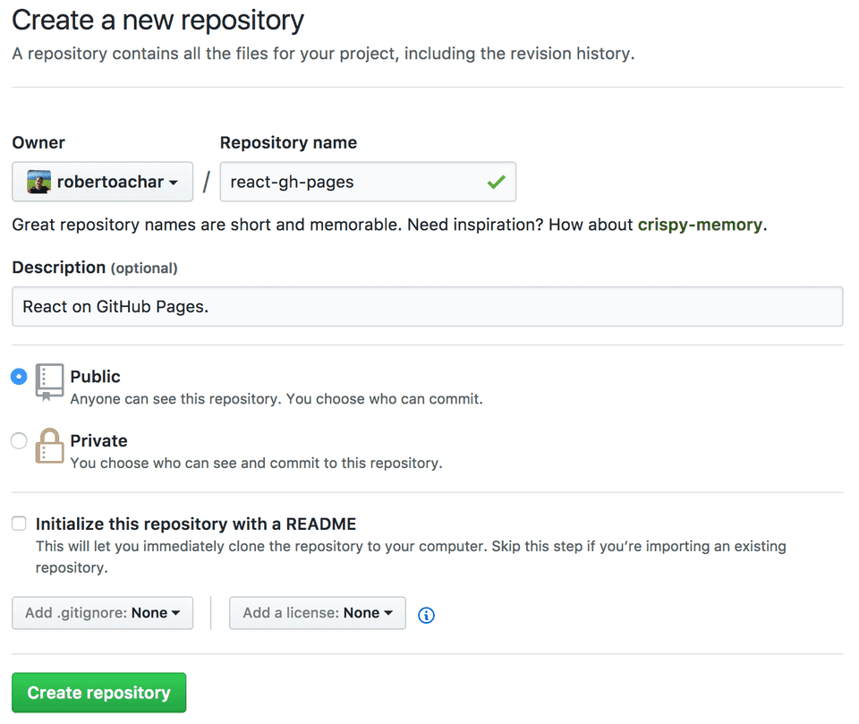 Tela de novo repositório do GitHub exibindo os dados preenchidos
