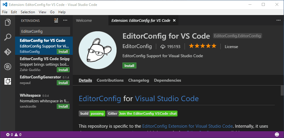 Extensão do EditorConfig sendo exibida na busca do VS Code