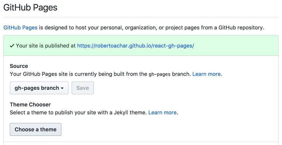 Página de configurações do GitHub Pages